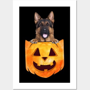 Long Haired German Shepherd In Pumpkin Pocket Halloween Posters and Art